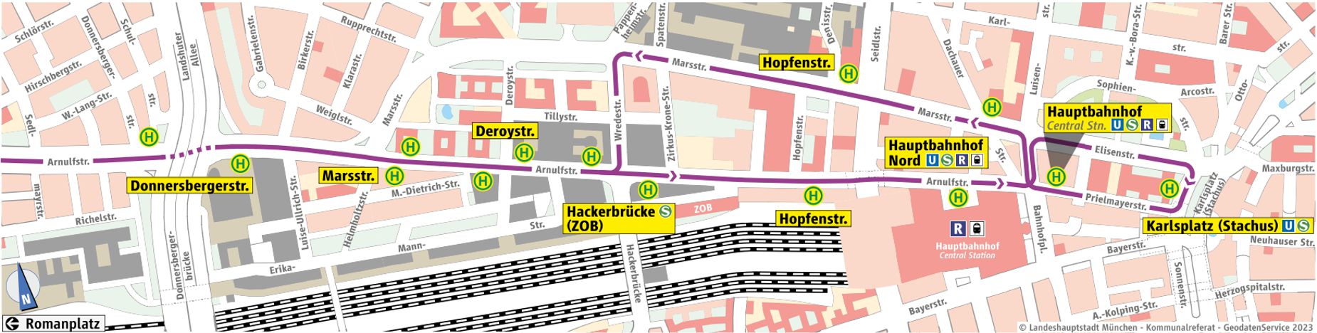 Grafische Darstellung des Ersatzverkehrs zwischen Donnersbergerstraße und Karlsplatz (Stachus).