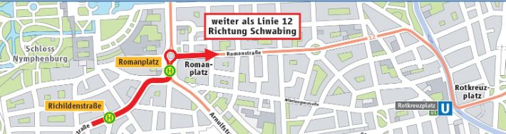Die aus Schwabing kommende Linie 12 fährt ab Romanplatz weiter über die Tram-Westtangente.