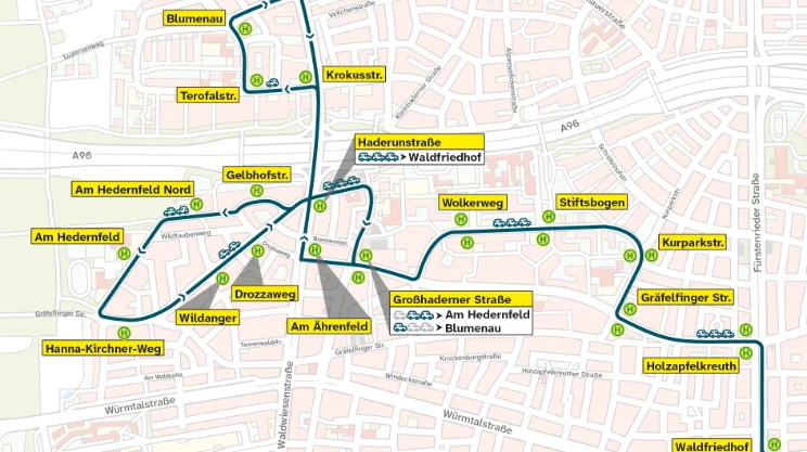 Linienführung Testbetrieb in Hadern