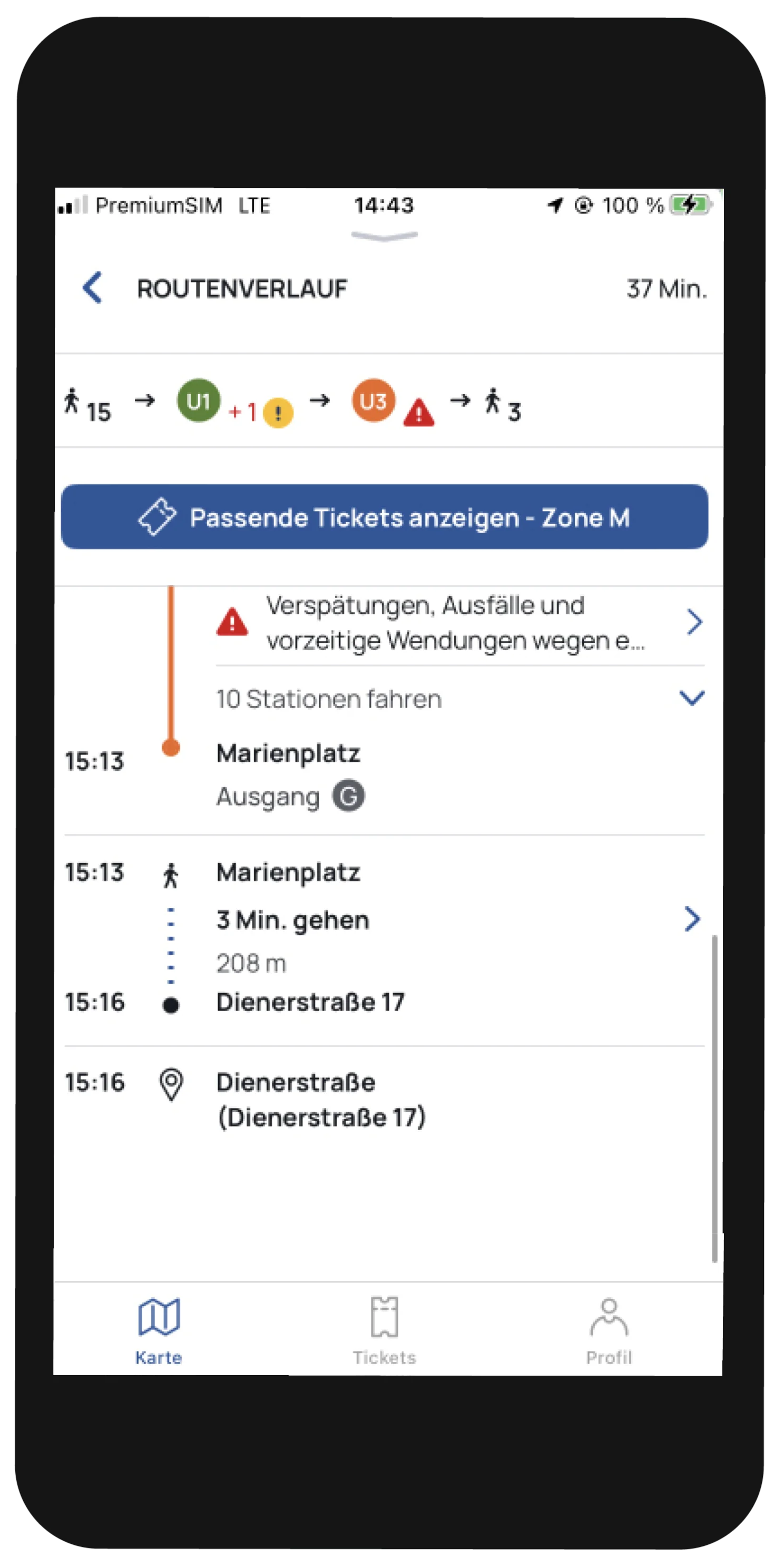 Appscreen mit Leitsystem der MVG