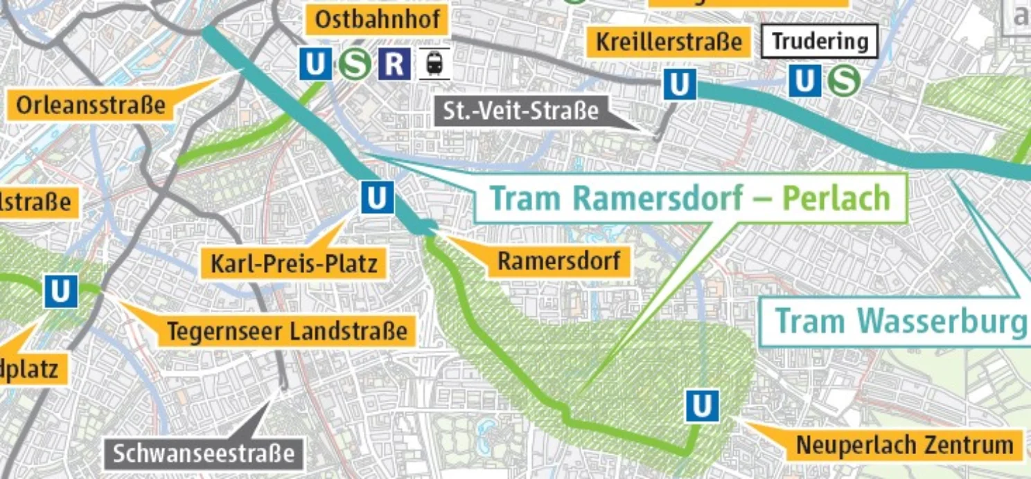 Streckenplan der Tram Ramersdorf-Perlach