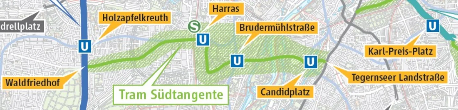 Streckenplan der Tram-Südtangente