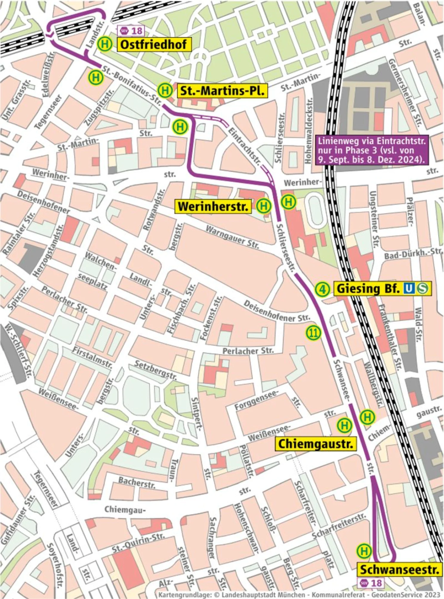 Grafische Darstellung (auf Stadtplanbasis) des Linienwegs sowie der Haltestellen des Ersatzverkehrs.