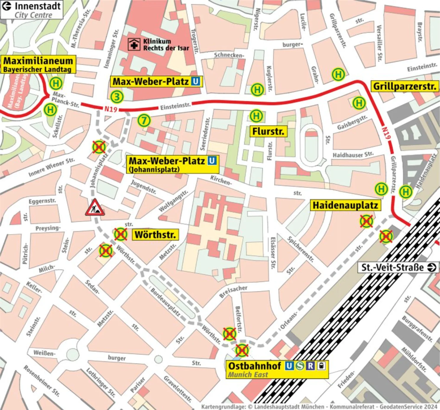 Grafische Darstellung auf Stadtplanbasis der Linienführung und Haltestellen des Ersatzverkehrs.