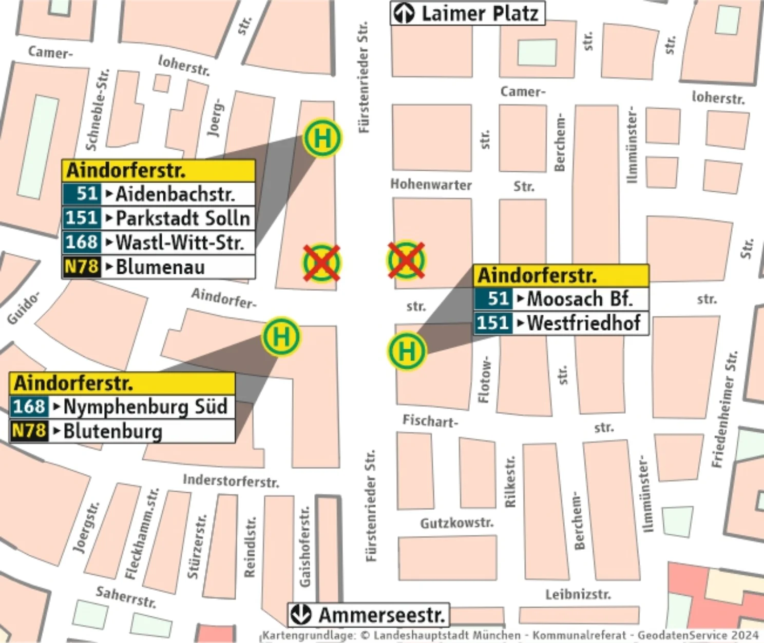 Haltestellenübersicht Aindorferstr. auf Stadtplanbasis