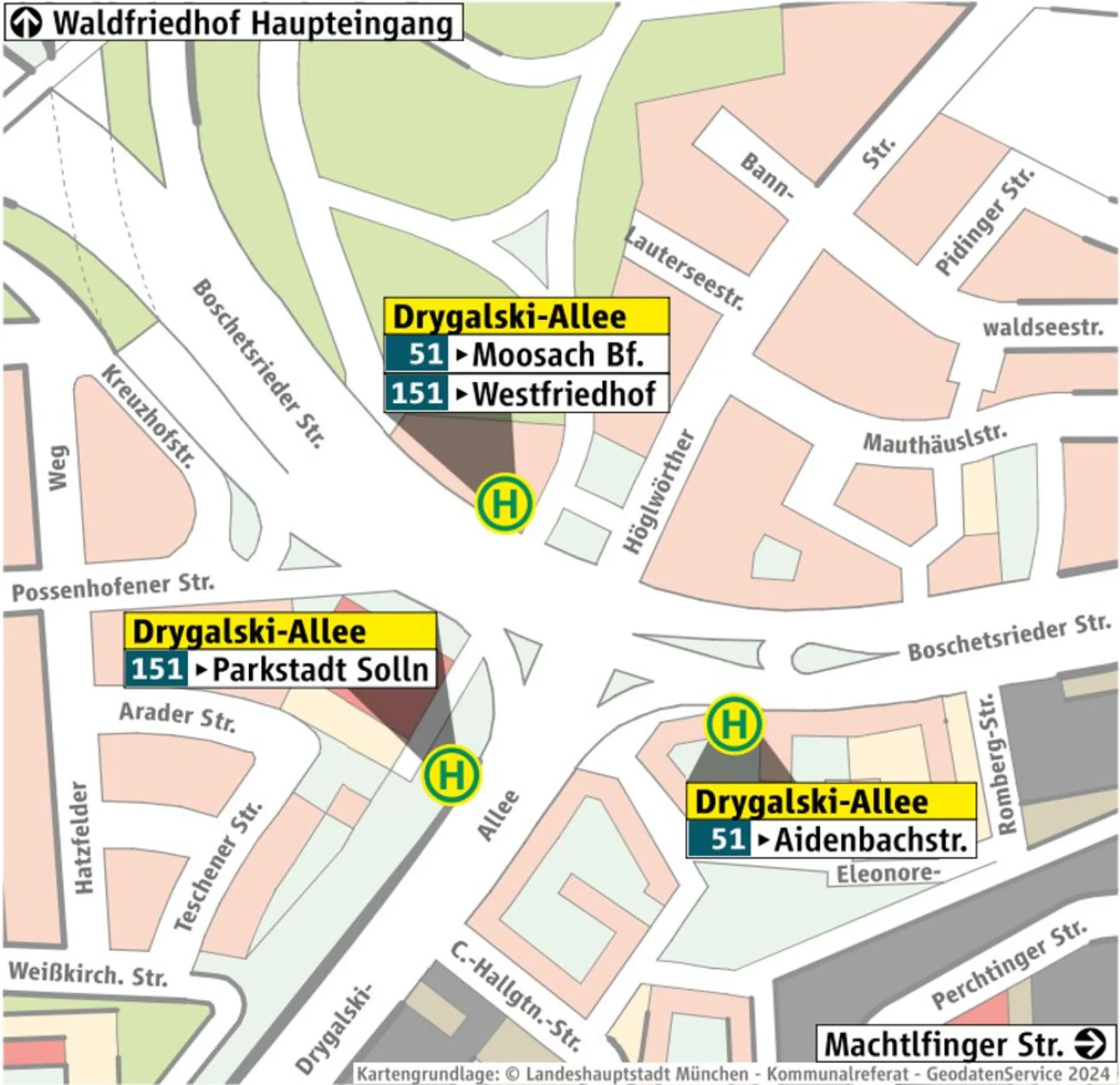 Haltestellenübersicht Drygalski-Allee auf Stadtplanbasis