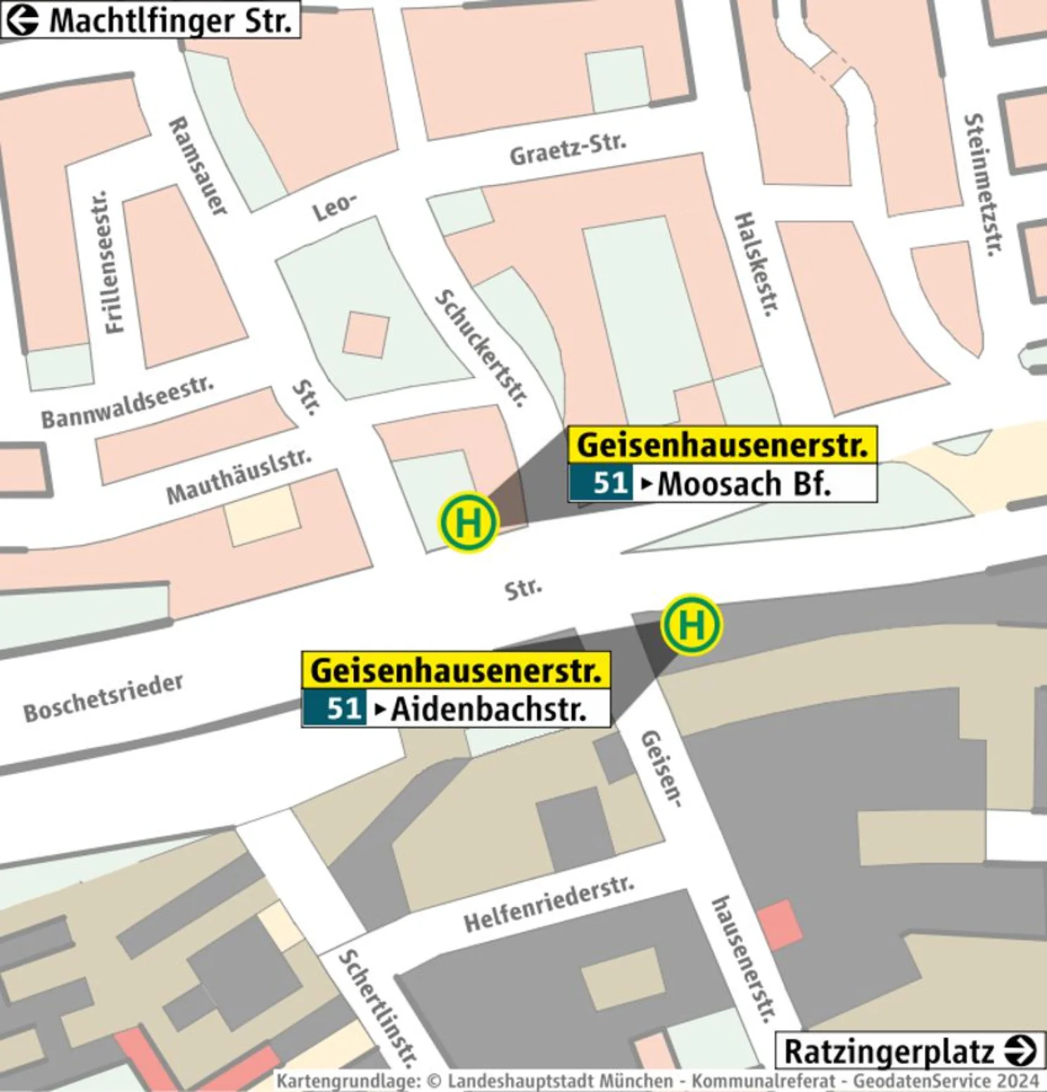 Haltestellenübersicht Geisenhausenerstr. auf Stadtplanbasis