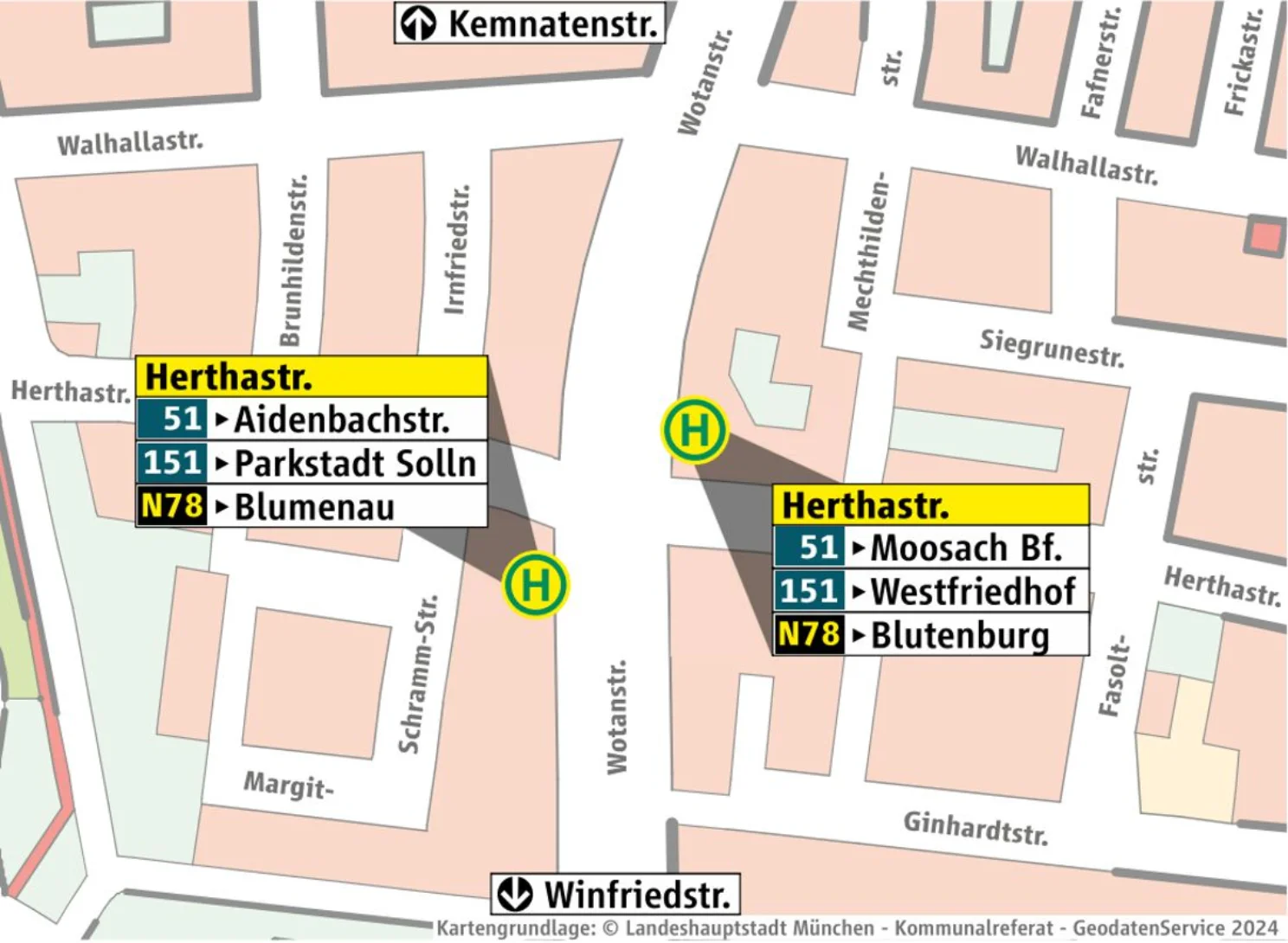 Haltestellenübersicht Herthastr. auf Stadtplanbasis