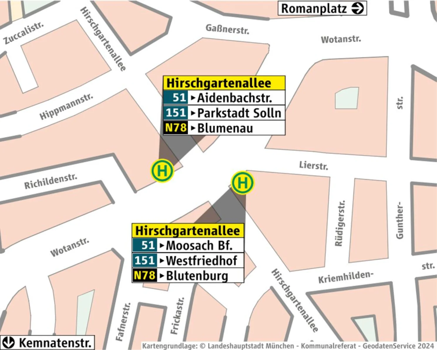Haltestellenübersicht Hirschgartenallee auf Stadtplanbasis