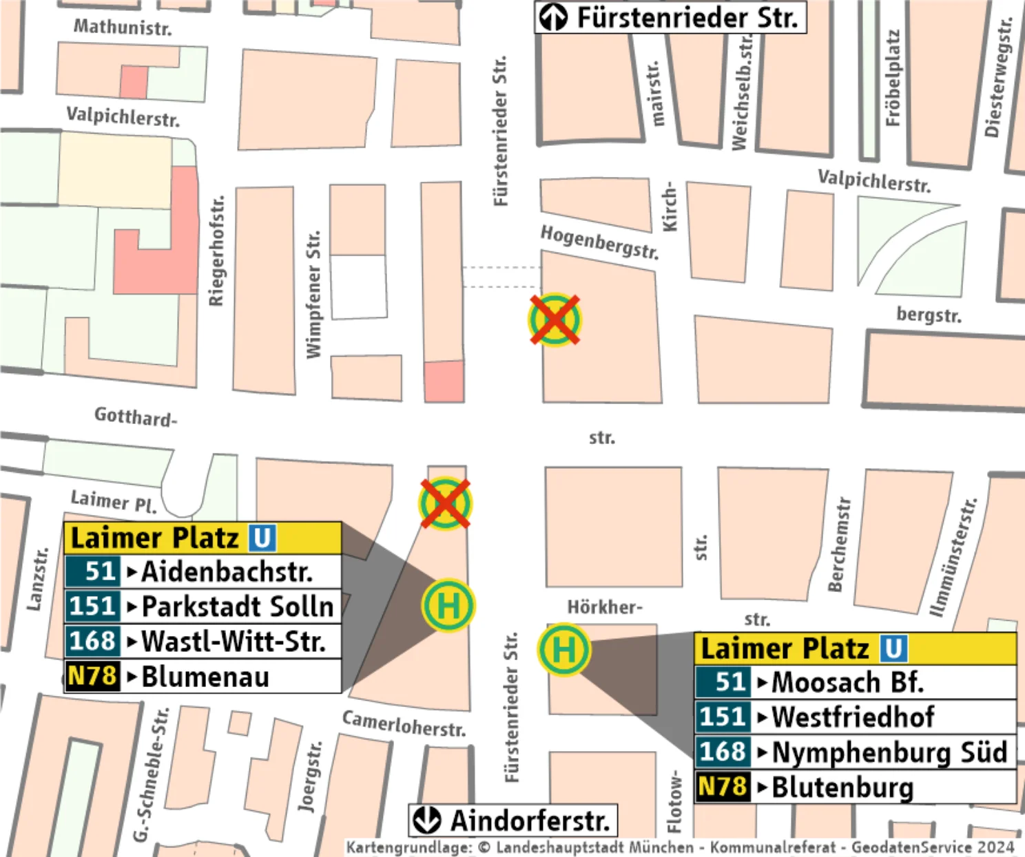 Haltestellenübersicht U-Bf. Laimer Platz auf Stadtplanbasis