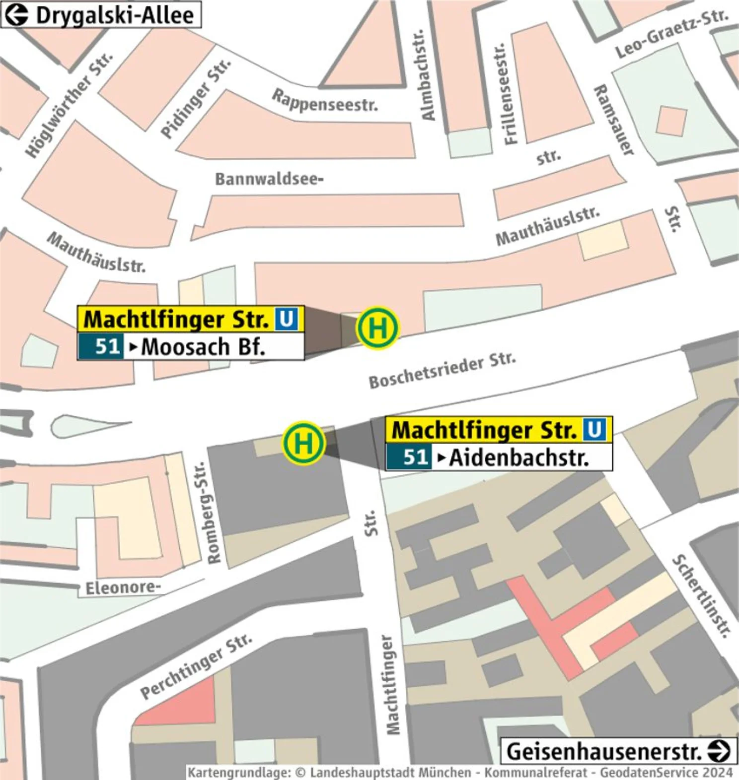 Haltestellenübersicht Machtlfinger Str. auf Stadtplanbasis