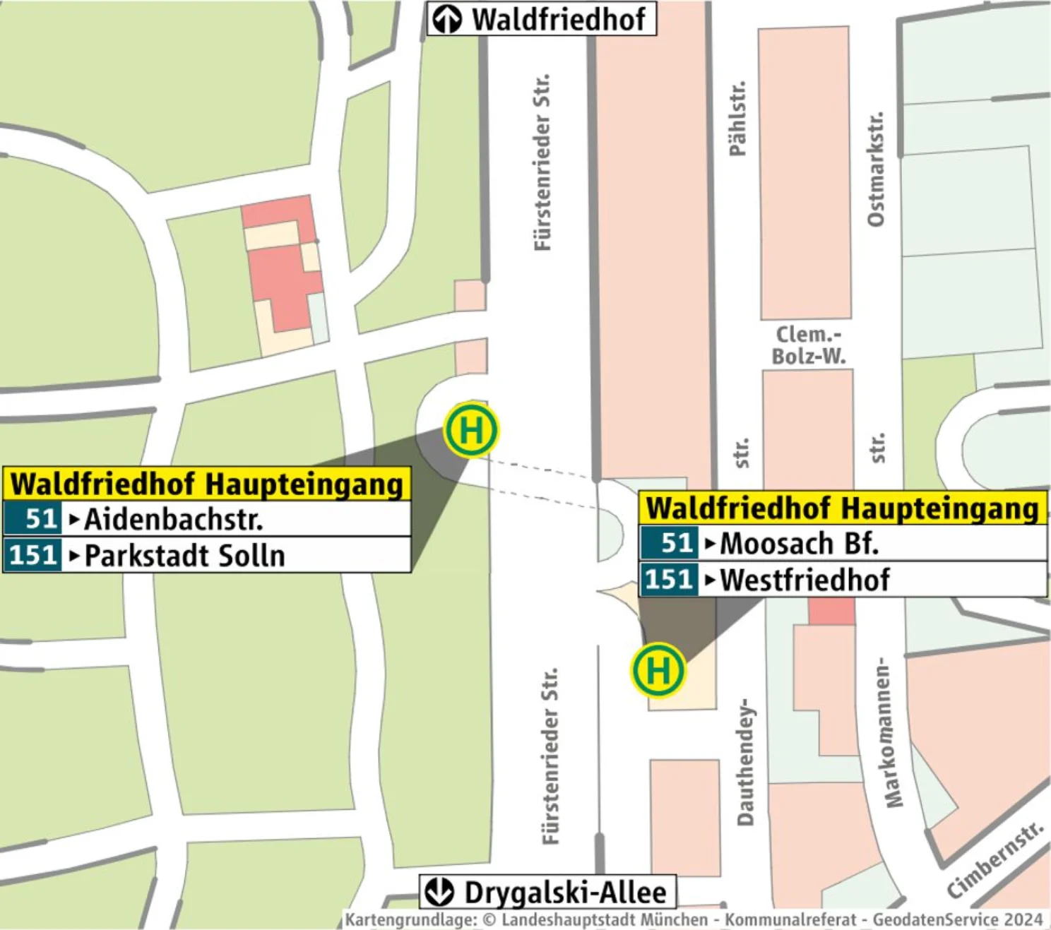 Haltestellenübersicht Waldfriedhof (Haupteingang) auf Stadtplanbasis