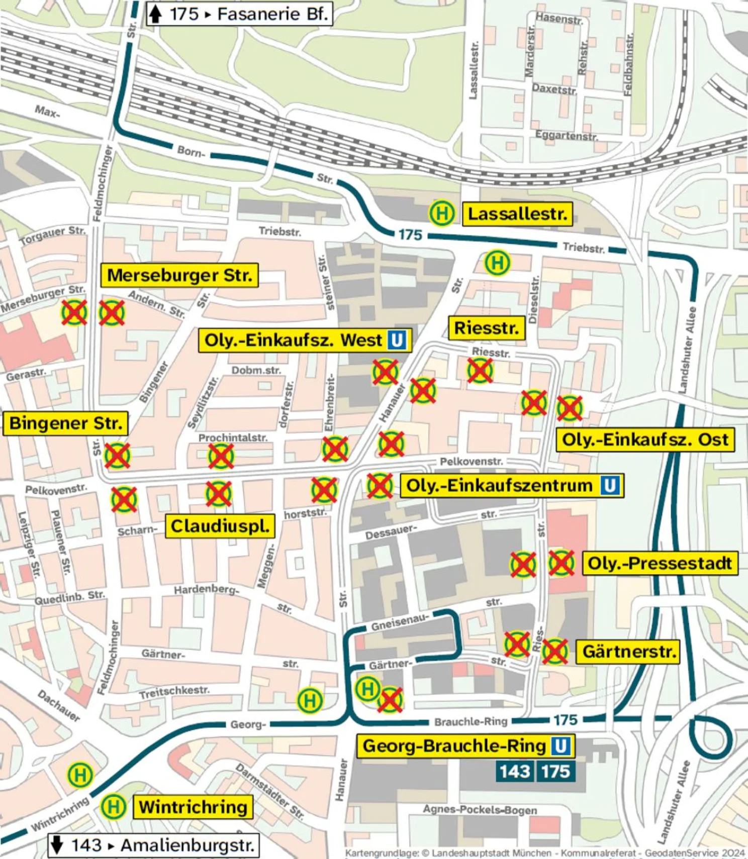 Umleitungskarte Bus 143 und 175 auf Stadtplanbasis