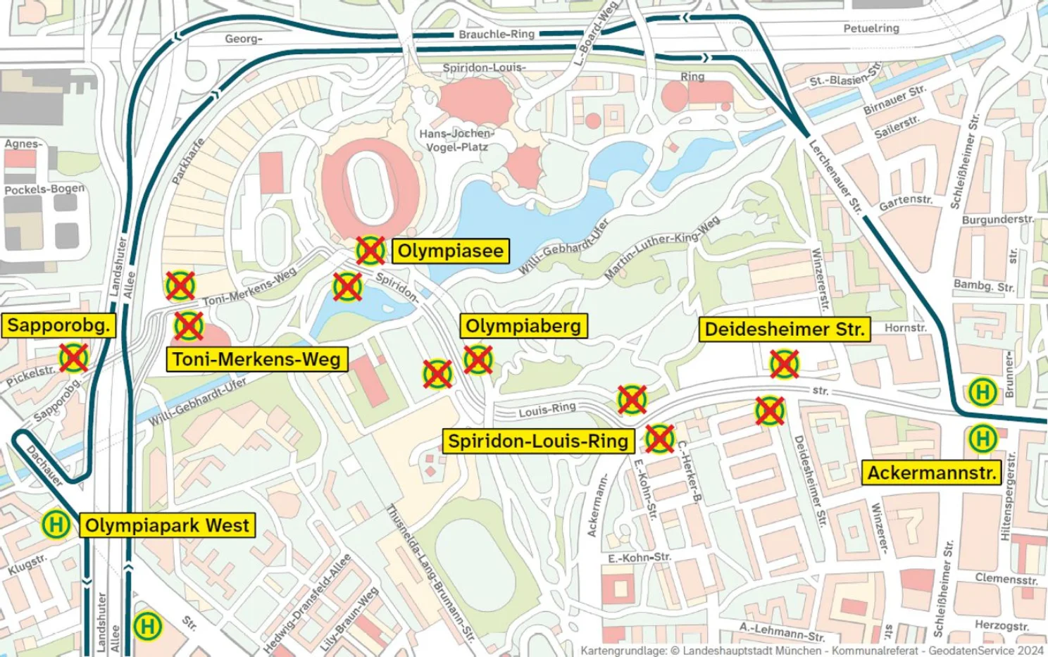 Umleitungskarte Bus 144 auf Stadtplanbasis