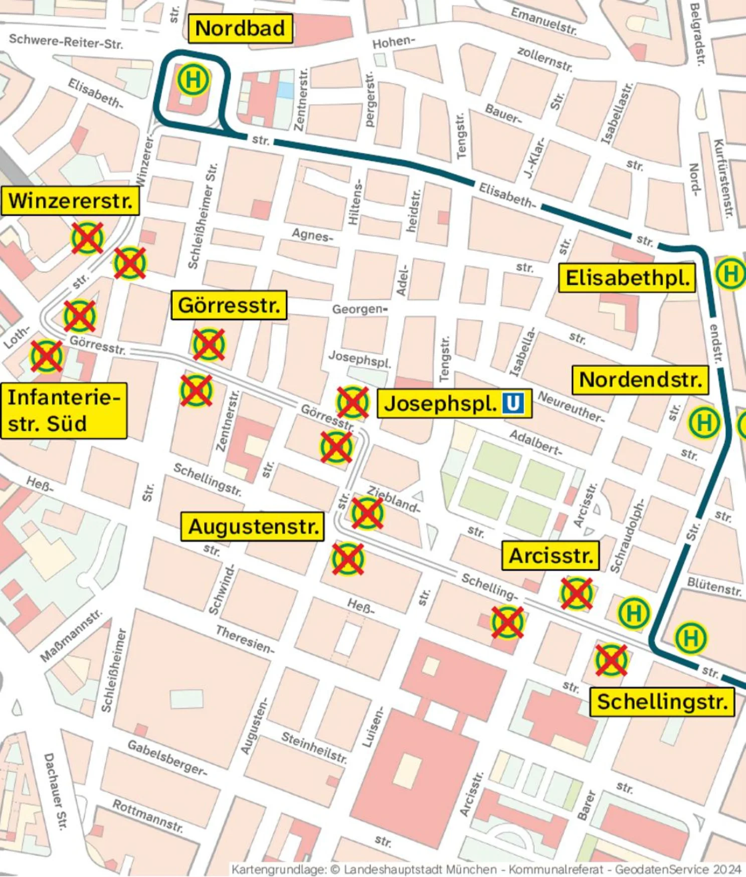 Umleitungskarte Bus 153 und 154 auf Stadtplanbasis