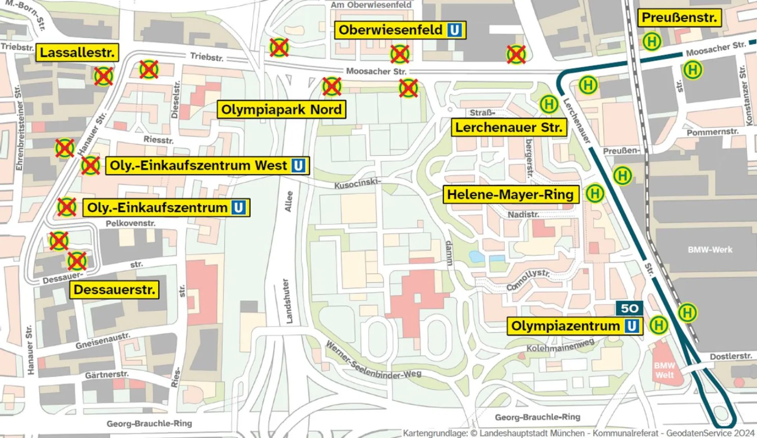 Umleitungskarte Bus 50 auf Stadtplanbasis