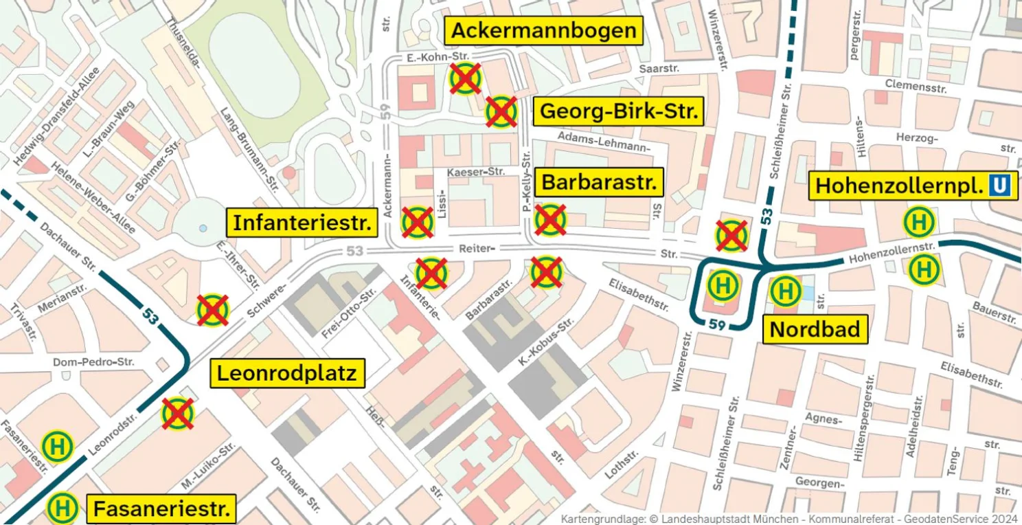 Umleitungskarte Bus 53 und 59 auf Stadtplanbasis