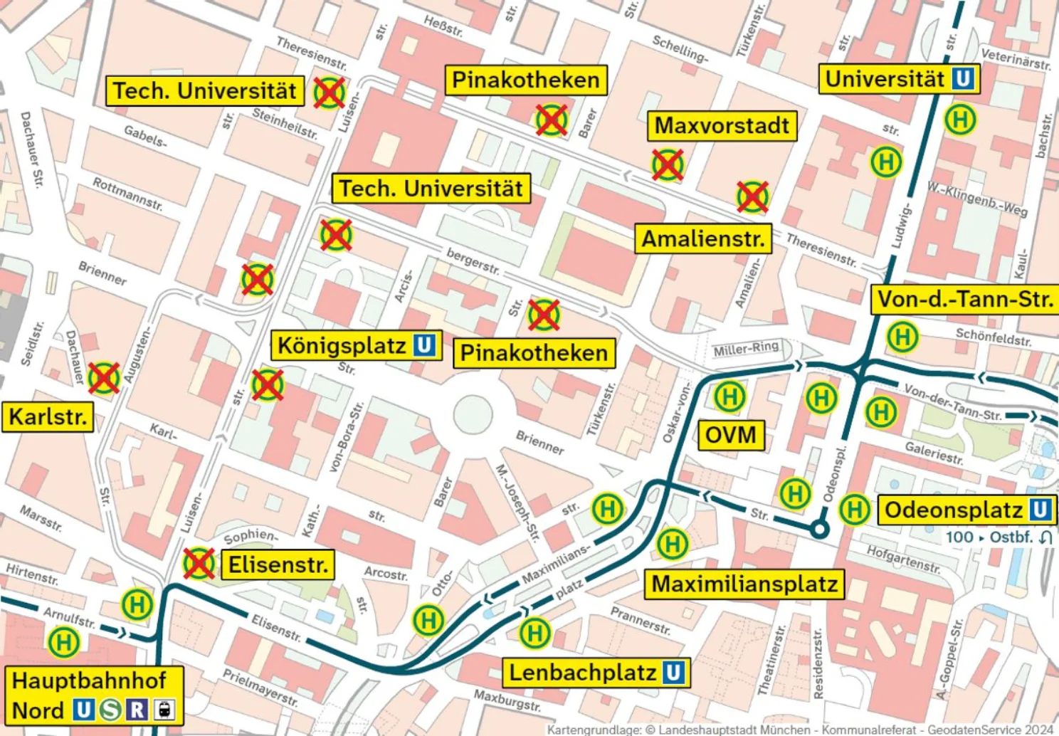 Umleitungskarte Bus 58, 68 und 100 auf Stadtplanbasis