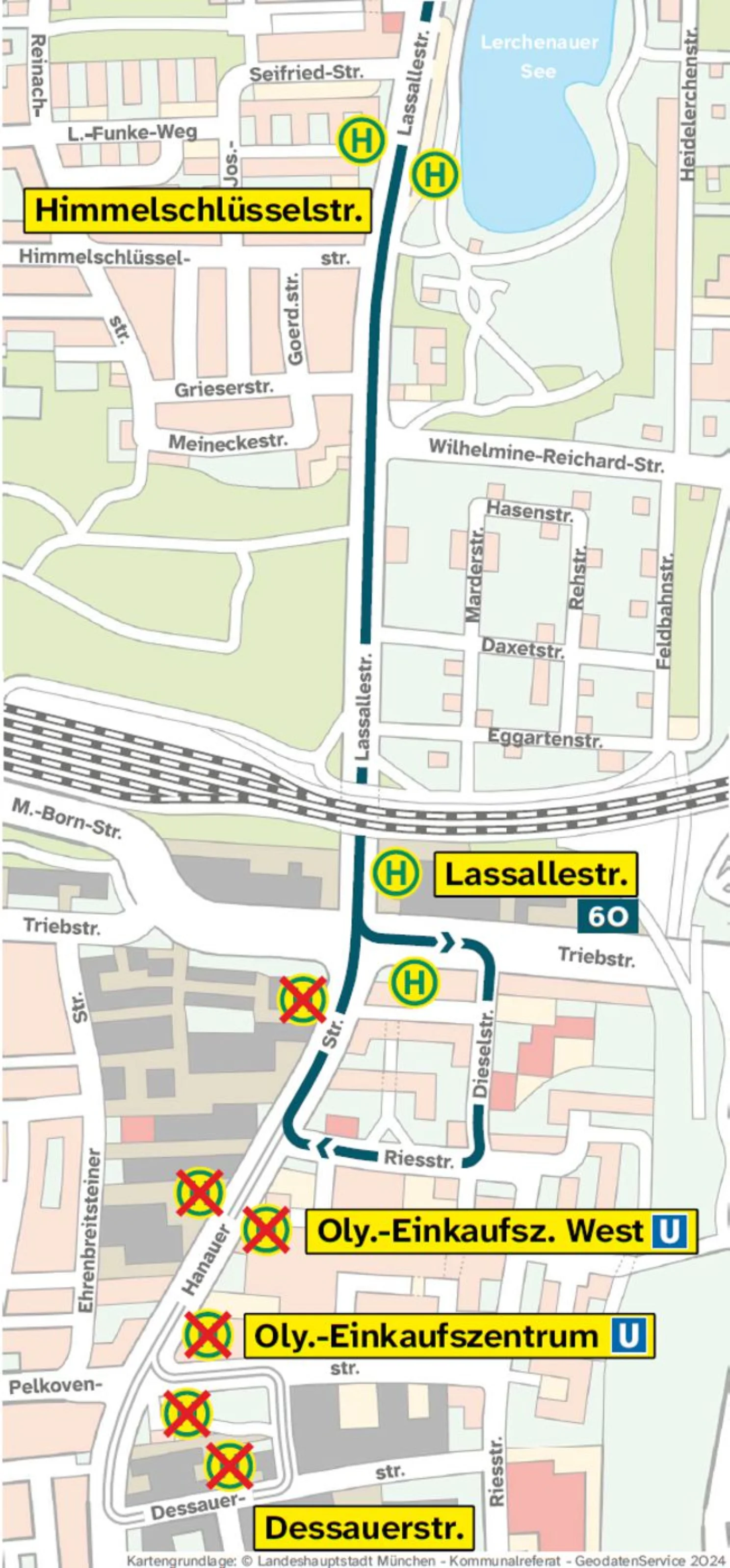 Umleitungskarte Bus 60 auf Stadtplanbasis