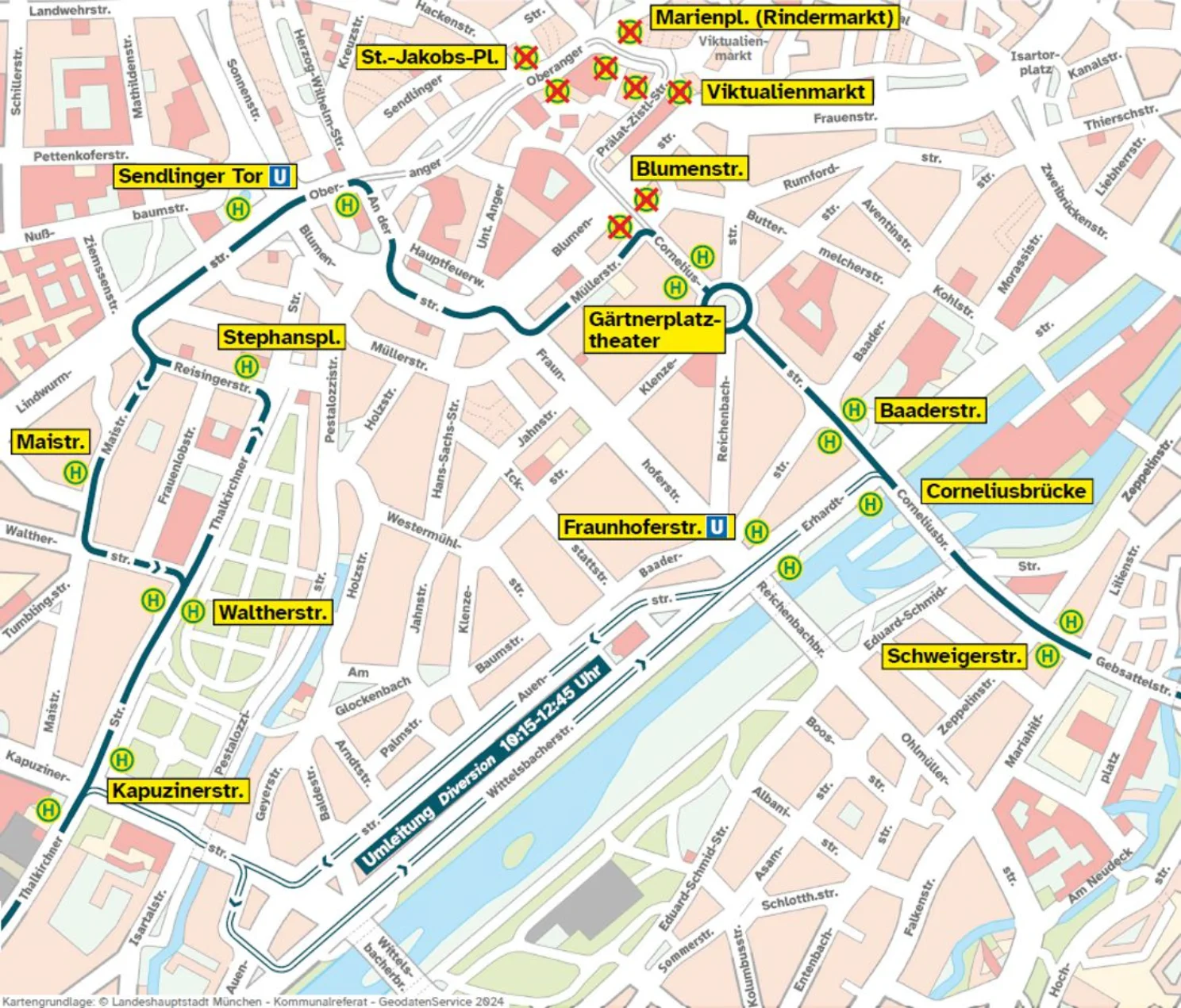 Bus 62: Grafische Darstellung der Umleitung auf Stadtplanbasis