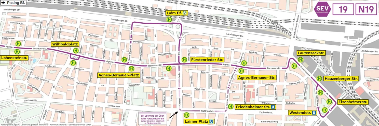 Grafische Darstellung Linienweg SEV 19/N19, Abschnitt Westendstr. - Lohensteinstr.