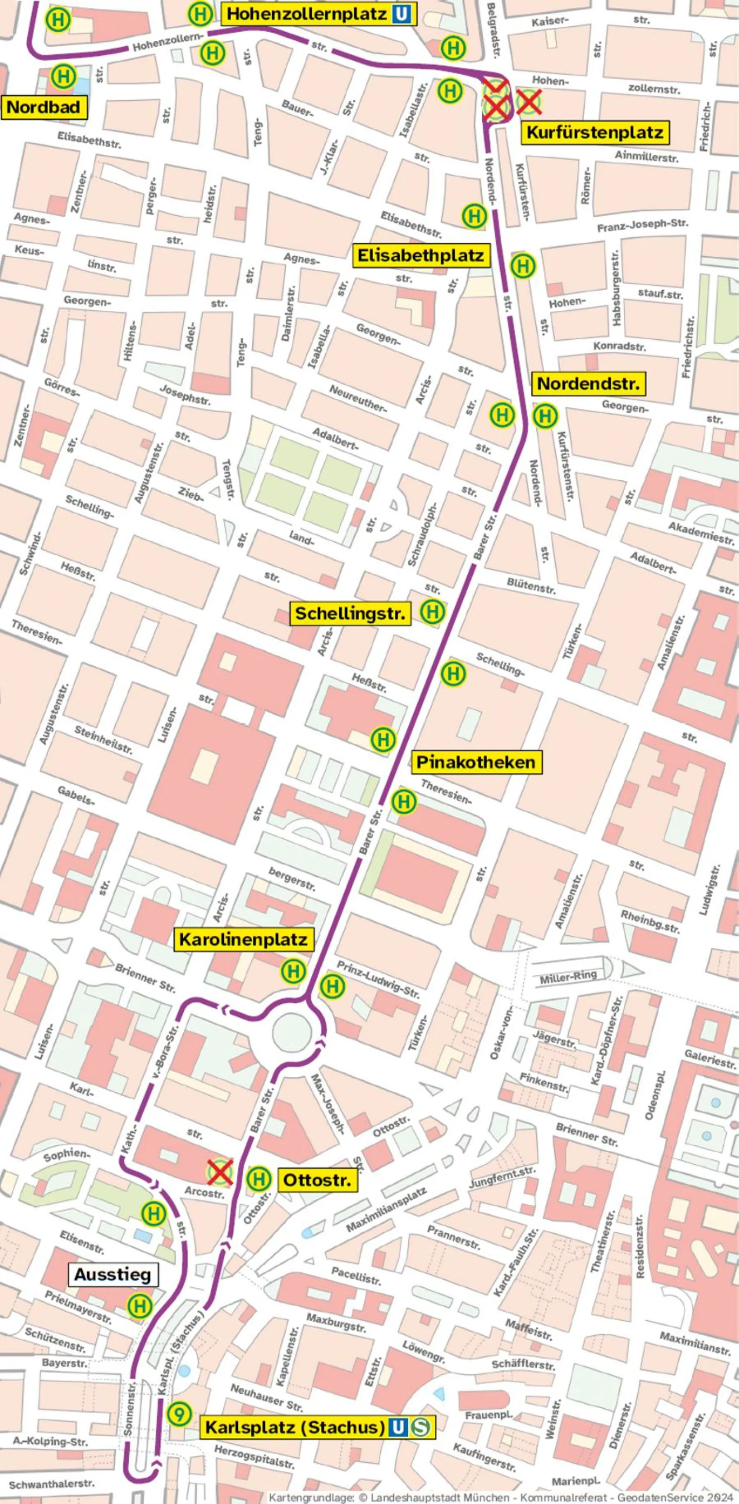 Grafische Darstellung Linienweg SEV N27, Abschnitt Karlsplatz (Stachus) <> Nordbad