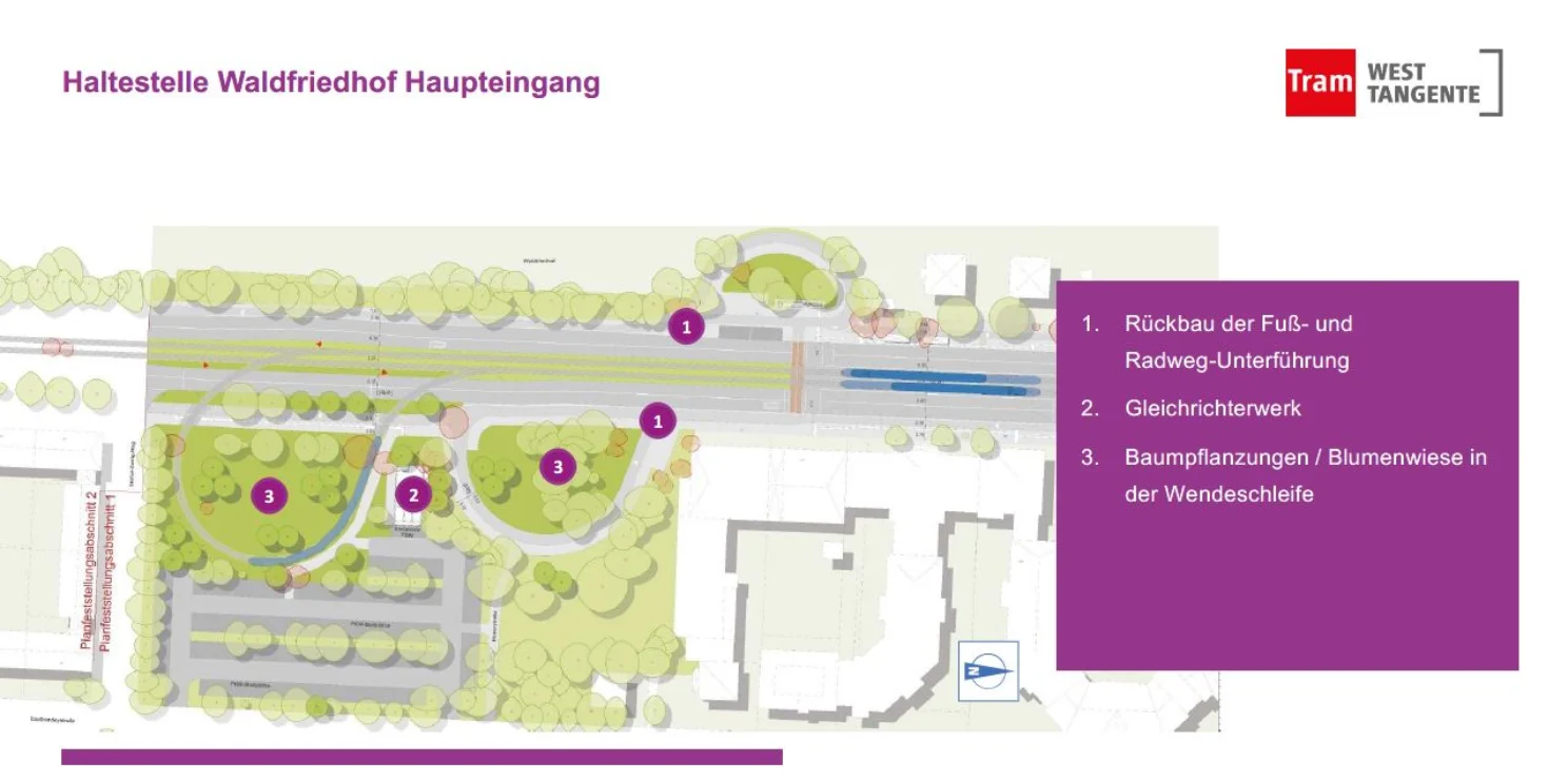 Lageplan der Haltestelle Waldfriedhof Haupteingang