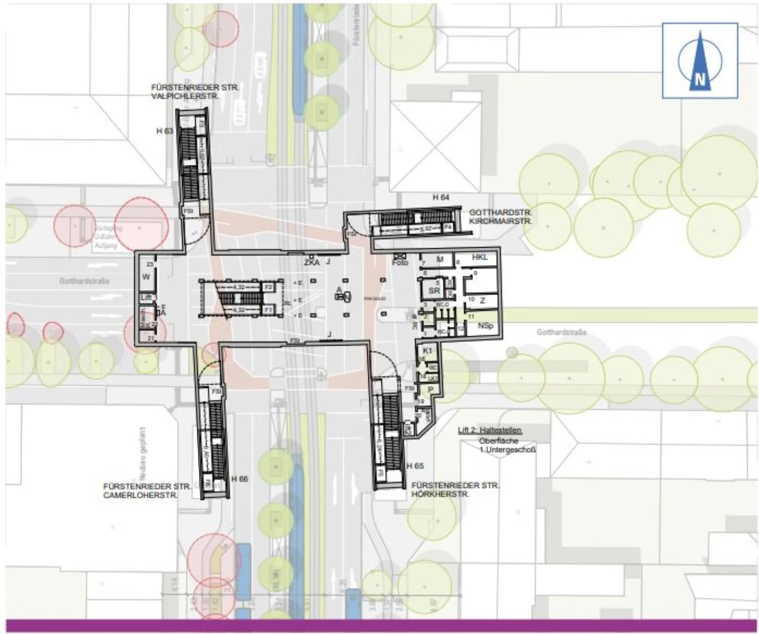 Skizze des U-Bahnhofs Laimer Platz über die Straßenkarte gelegt