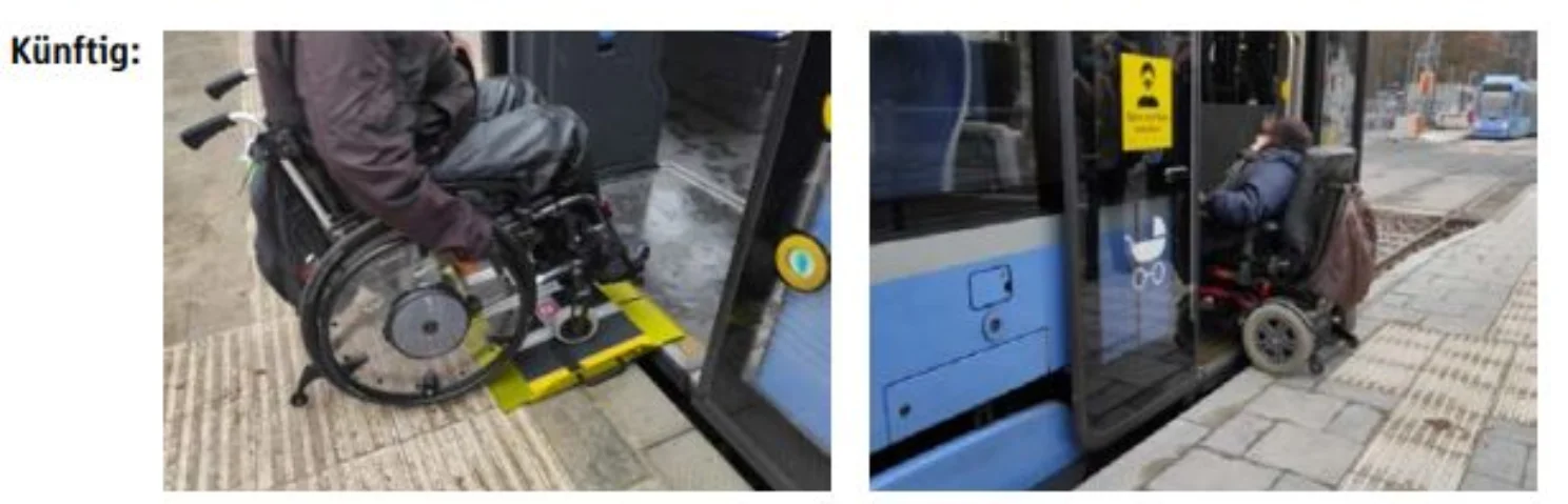 Eine Person im Rollstuhl profitiert vom niveaugleichen Zustieg in eine Tram.