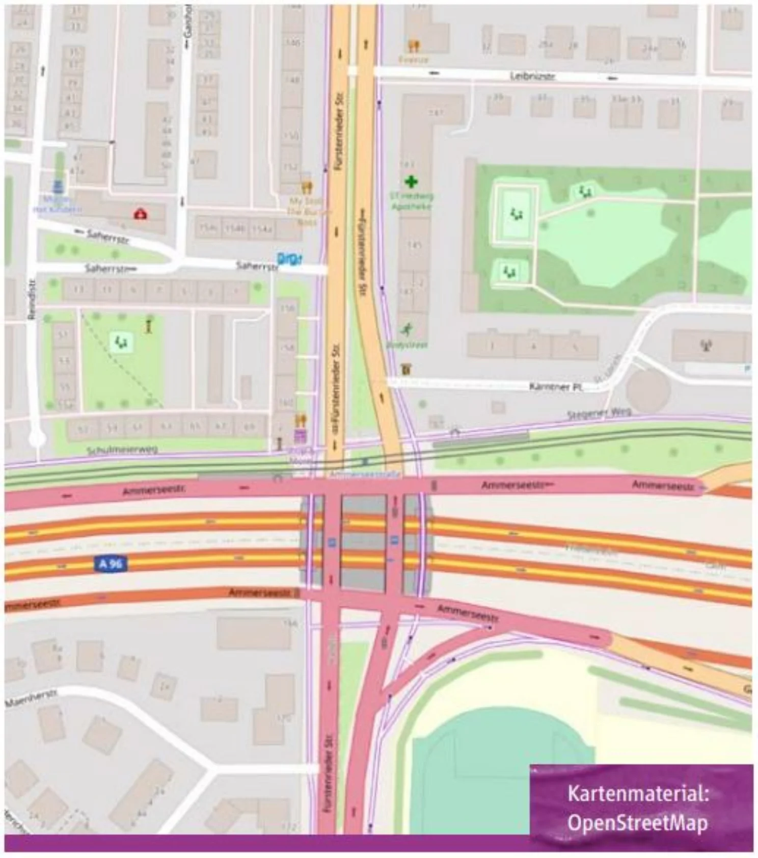 Straßenkarte, die die Umgebung um die Brücke der A96 abbildet