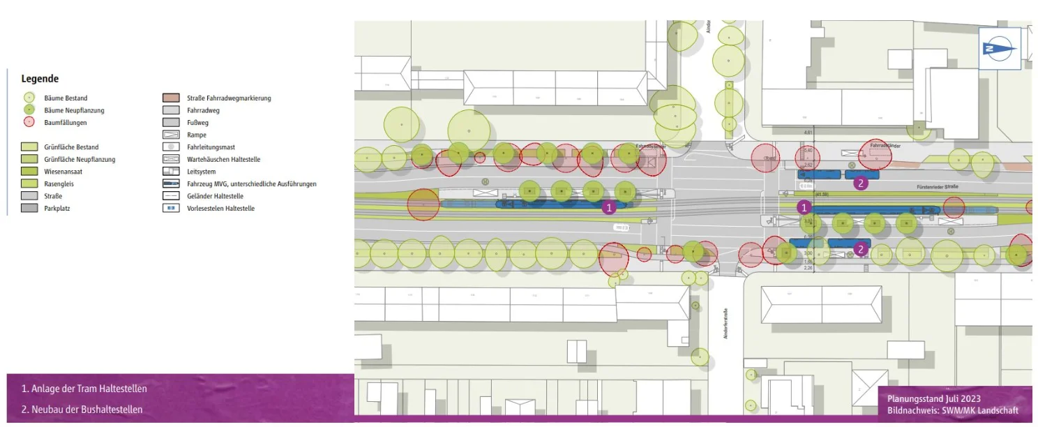 Eingezeichnete geplante Maßnahmen auf einer Straßenkarte an der Aindorferstraße