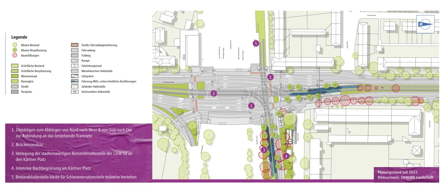 Eingezeichnete Maßnahmen auf einem Straßenplan an der Haltestelle Ammerseestraße