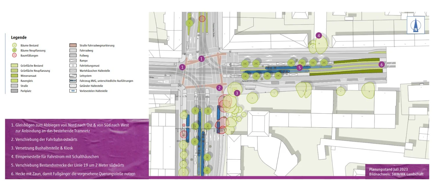 Eingezeichnete geplante Maßnahmen auf einer Karte der Kreuzung Fürstenrieder/Agnes-Bernauer-Straße