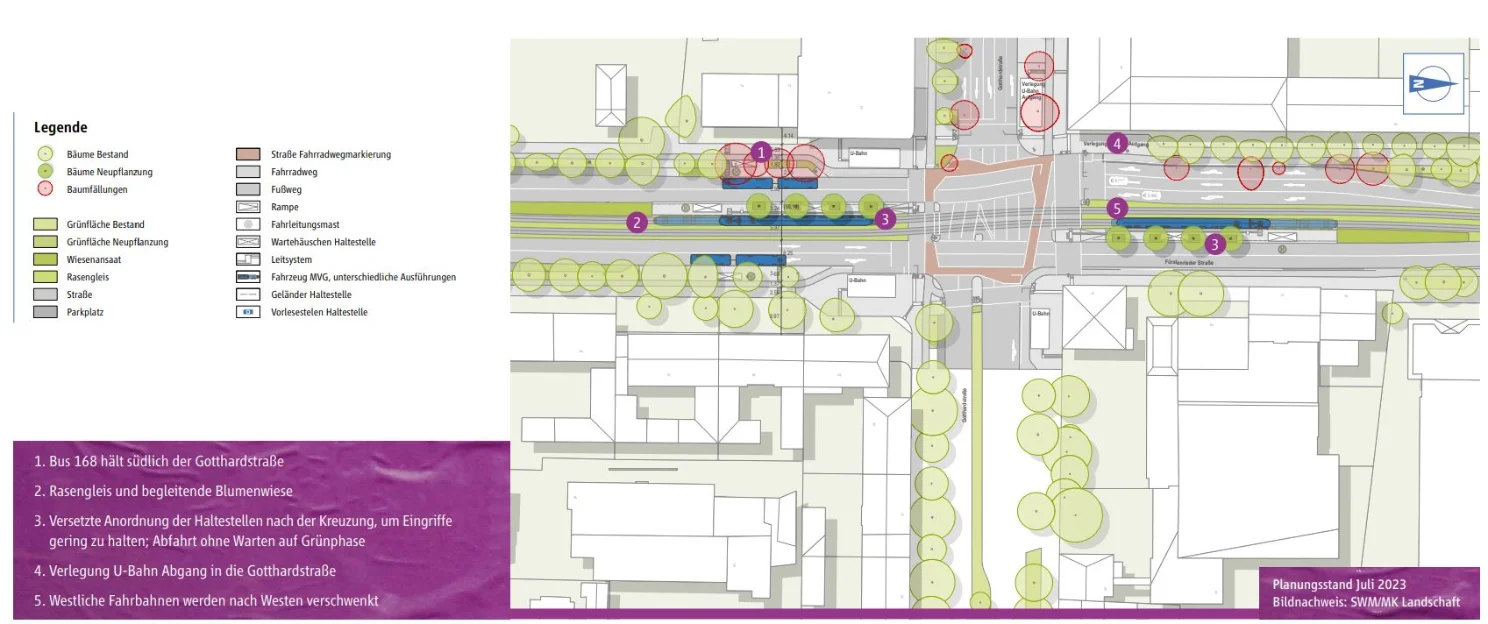 Eingezeichnete Maßnahmen auf einer Straßenkarte am Laimer Platz