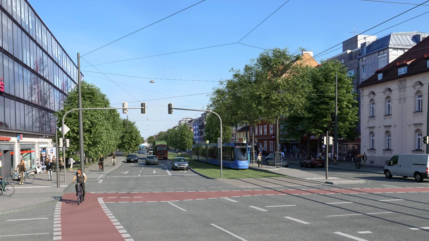 Visualisierung der Kreuzung Fürstenrieder Straße / Gotthardstraße mit Tramgleisen