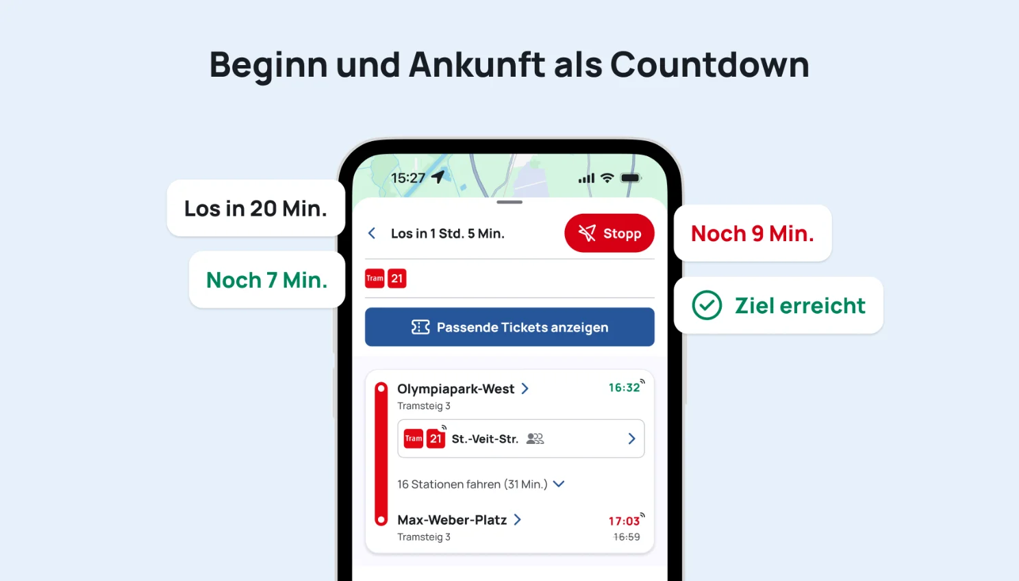 Beginn und Ankunft als Countdown