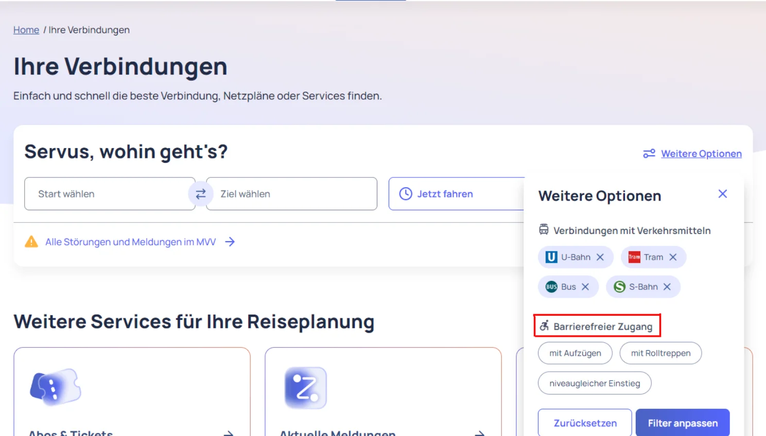 barrierefreie Verbindungssuche auf mvg.de