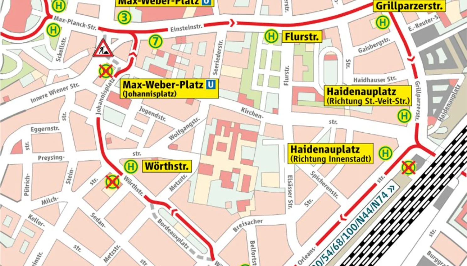 Grafische Darstellung auf Stadtplanbasis des geänderten Linienwegs Tram 21 und N19 zwischen Max-Weber-Platz und Haidenauplatz, nur in Fahrtrichtung St.-Veit-Straße.