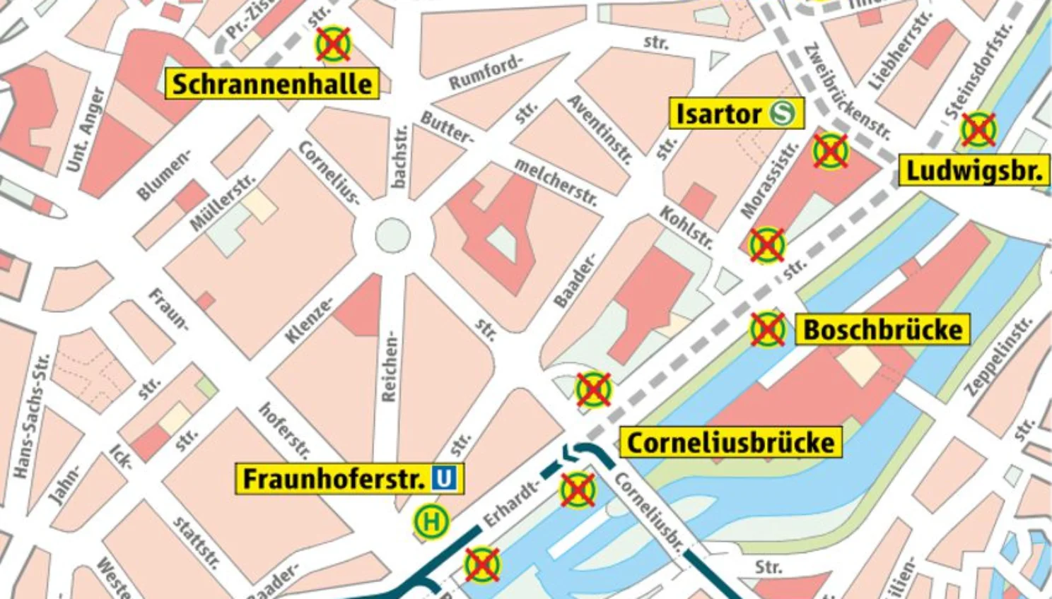Grafische Darstellung: Verkürzter Linienweg Bus 132 Forstenrieder Park - Fraunhoferstraße, Abschnitt Corneliusbrücke - Isartor - Marienplatz entfällt.