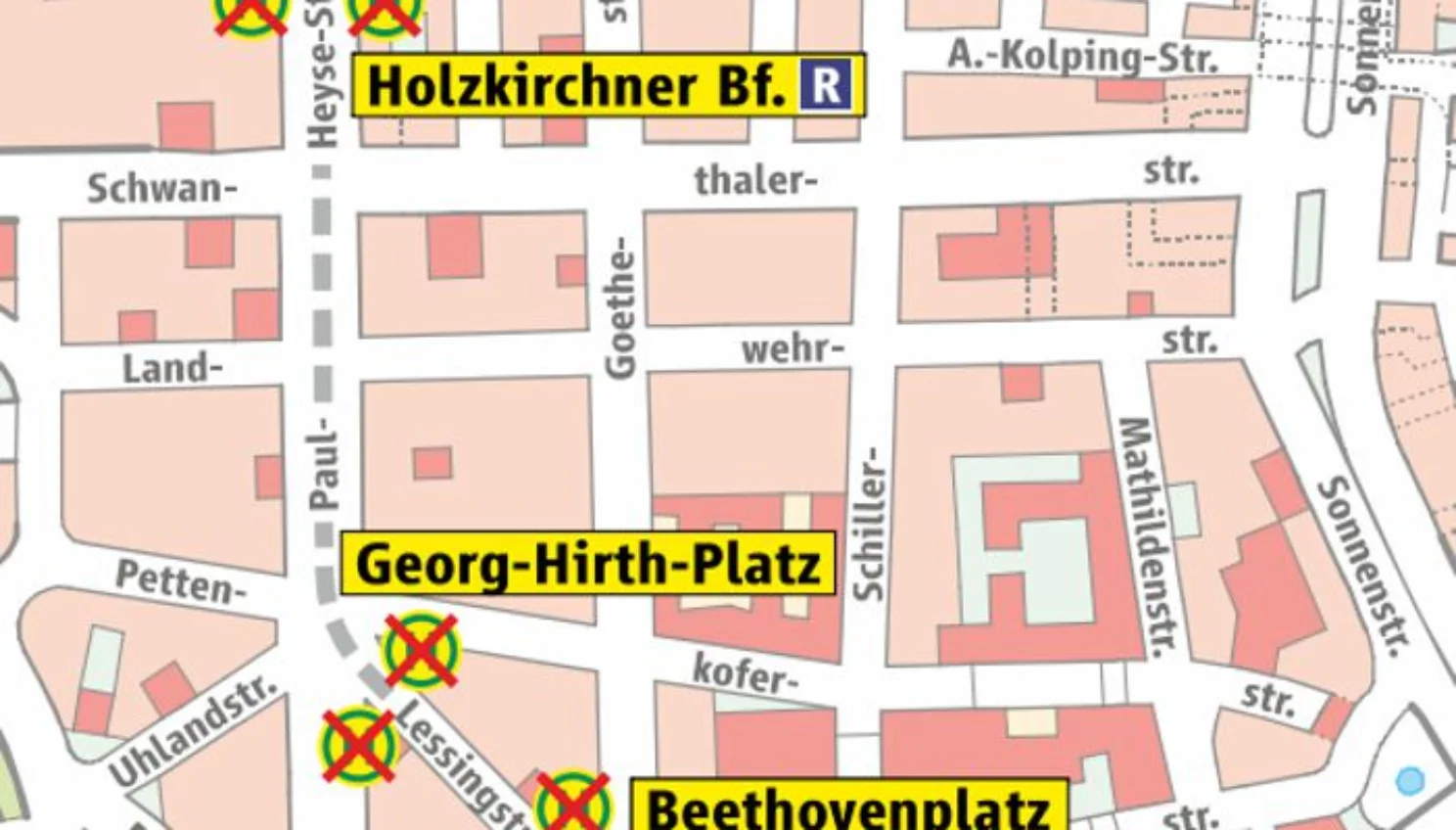 Grafische Darstellung: Unterbrechung der Buslinien 58 und 68 zwischen Hauptbahnhof Nord und Goetheplatz. Haltestellen Hauptbahnhof Süd, Holzkirchner Bahnhof, Georg-Hirth-Platz und Beethovenplatz entfallen.