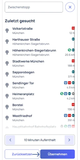 Zwischenstopp auswählen
