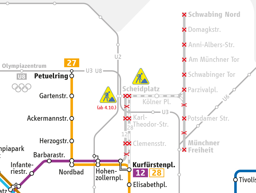 MVG-Tramnetz 2023: Neubau Gleisbögen und Haltestelle Scheidplatz Süd (Ausschnitt)