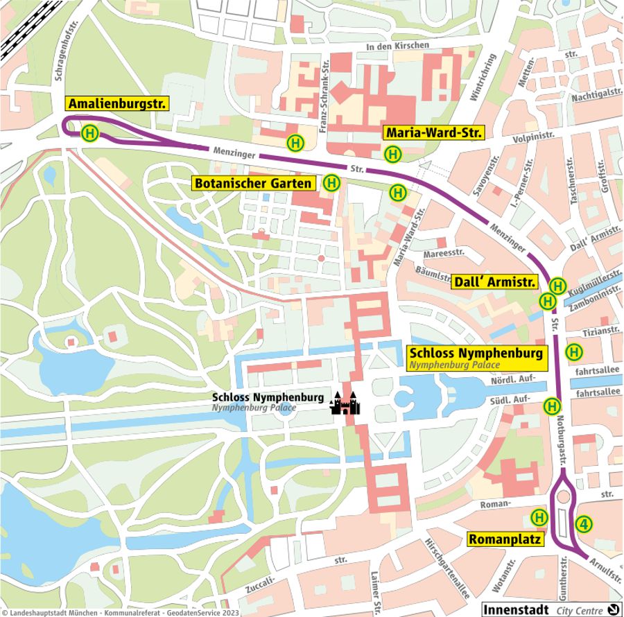 Grafische Darstellung des Ersatzverkehrs zwischen Amalienburgstraße und Romanplatz.