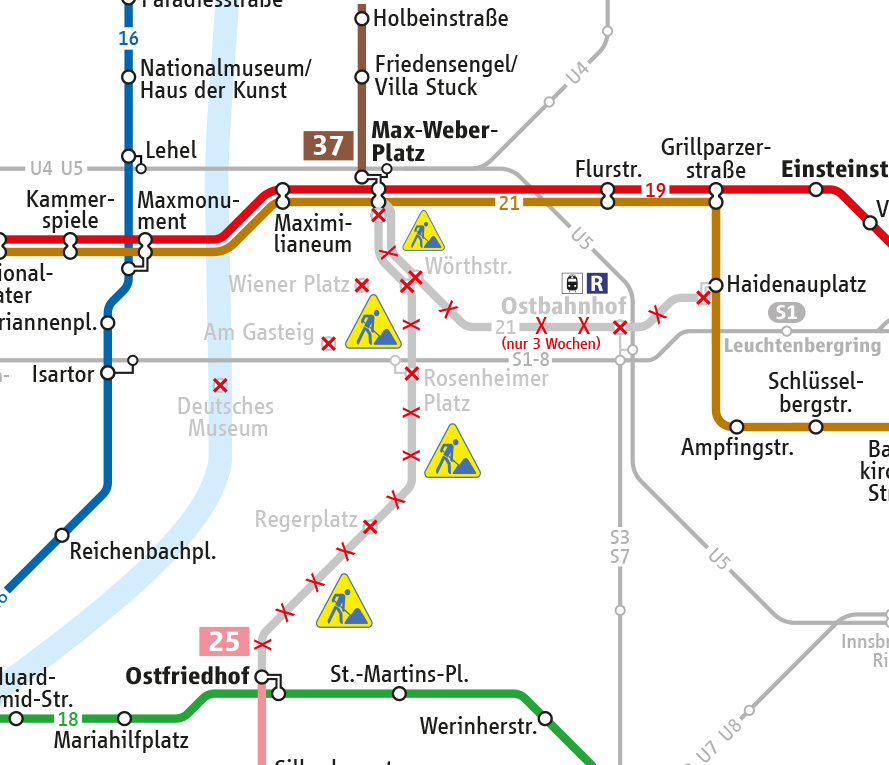 MVG Tramnetz 2023: Ausblick Gleiserneuerung, Haltestellenneubau und Fernwärme zwischen Max-Weber-Platz und Ostfriedhof (Ausschnitt)