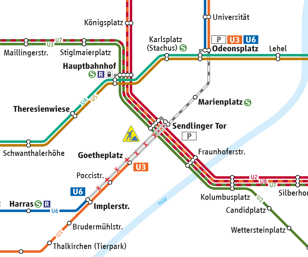 MVG U-Banhnnetz 2023: Ausblick Baustellen Weichenerneuerung Sendlinger Tor (Ausschnitt)