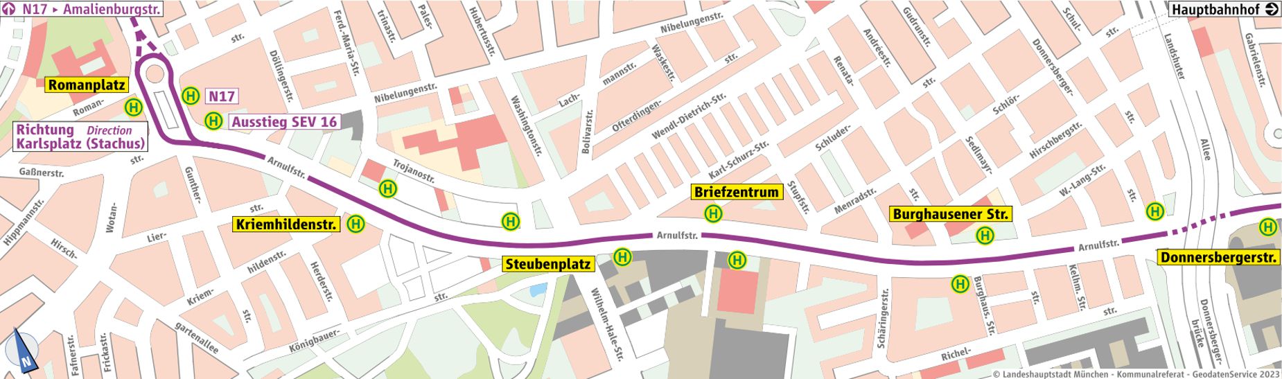 Grafische Darstellung des Ersatzverkehrs zwischen den Haltestellen Romanplatz und Donnersbergerstraße.