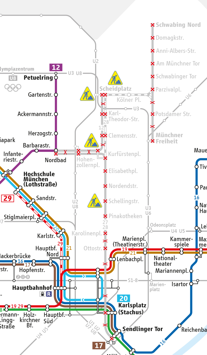MVG-Tramnetz 2023: Ausblick Gleiserneuerung Wendeanlage Scheidplatz und Gleisdreieck Kurfürstenplatz (Ausschnitt)